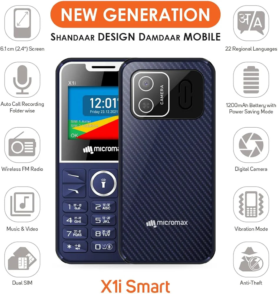 Micromax X1i Smart Feature Phone (6.1 cm / 2.4" Display, 1200mAh Battery, Type-C Charging, Dual SIM)